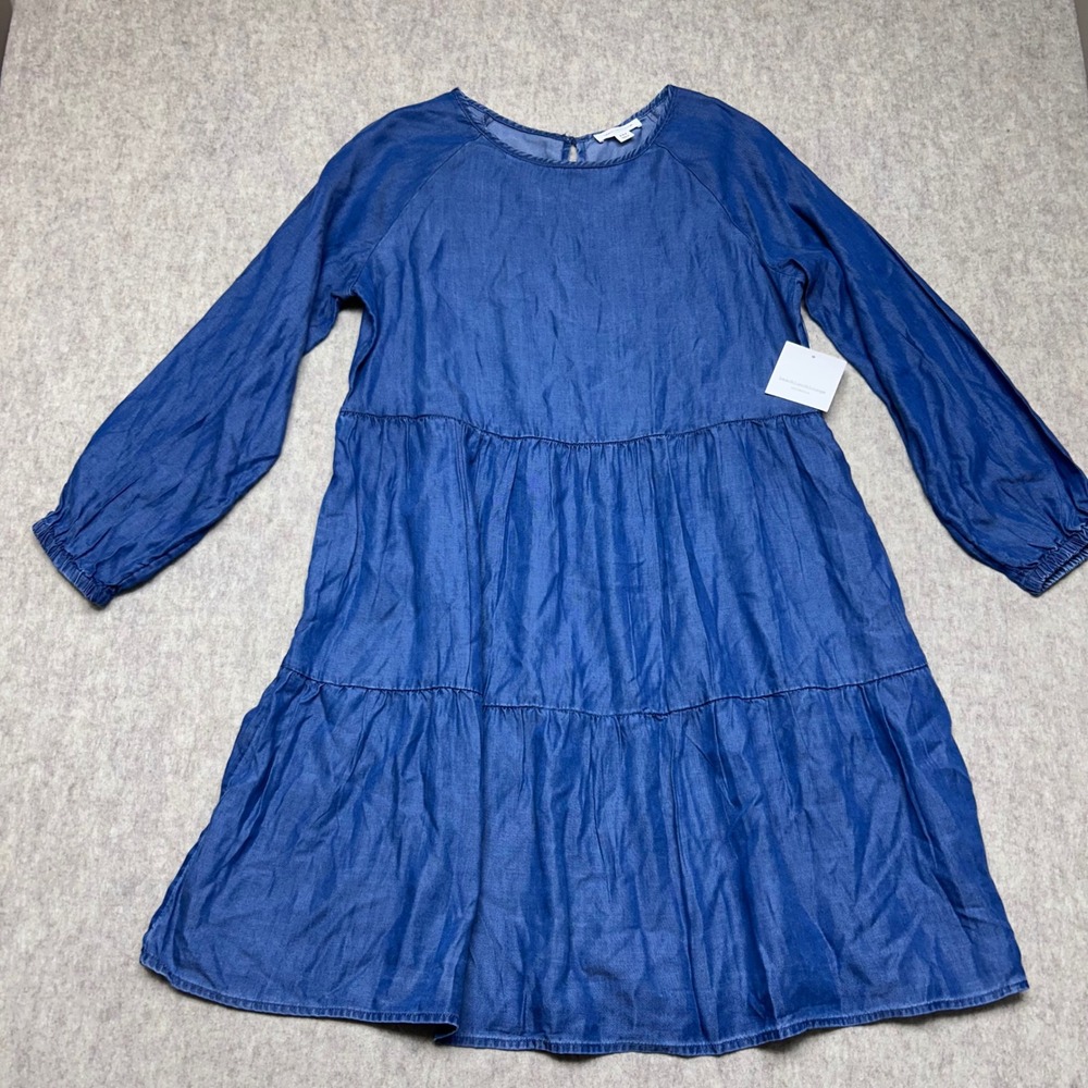 BeachLunchLounge Blue Denim Chambray‎ Tiered Long Sleeve Dress M NWT